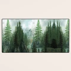 Society6 Mountain Morning 2 tapis bureau forêt brumeuse