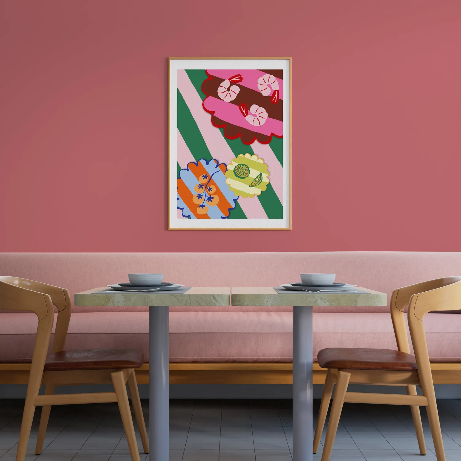 Maddison Ball Dinner Plates of Prawns, Limes, Tomatoes affiche