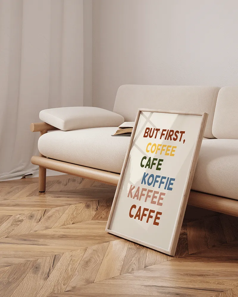 Any Image But First Koffie toile encadrée typographie