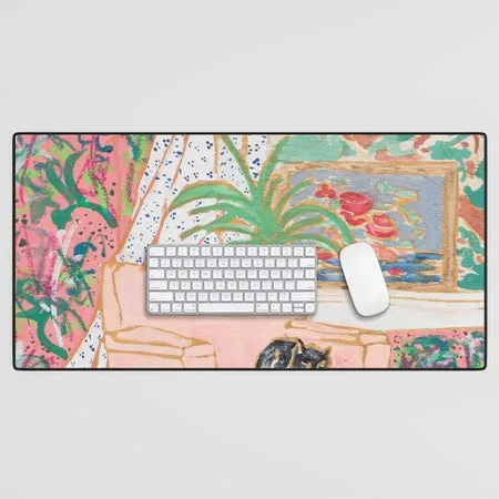 Society6 Catnap - Tuxedo Cat Napping in Chair by the Window tapis de bureau