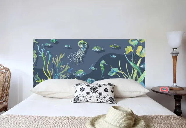 Mademoiselle Tiss Trésors des Mers tête de lit tissu aquarium