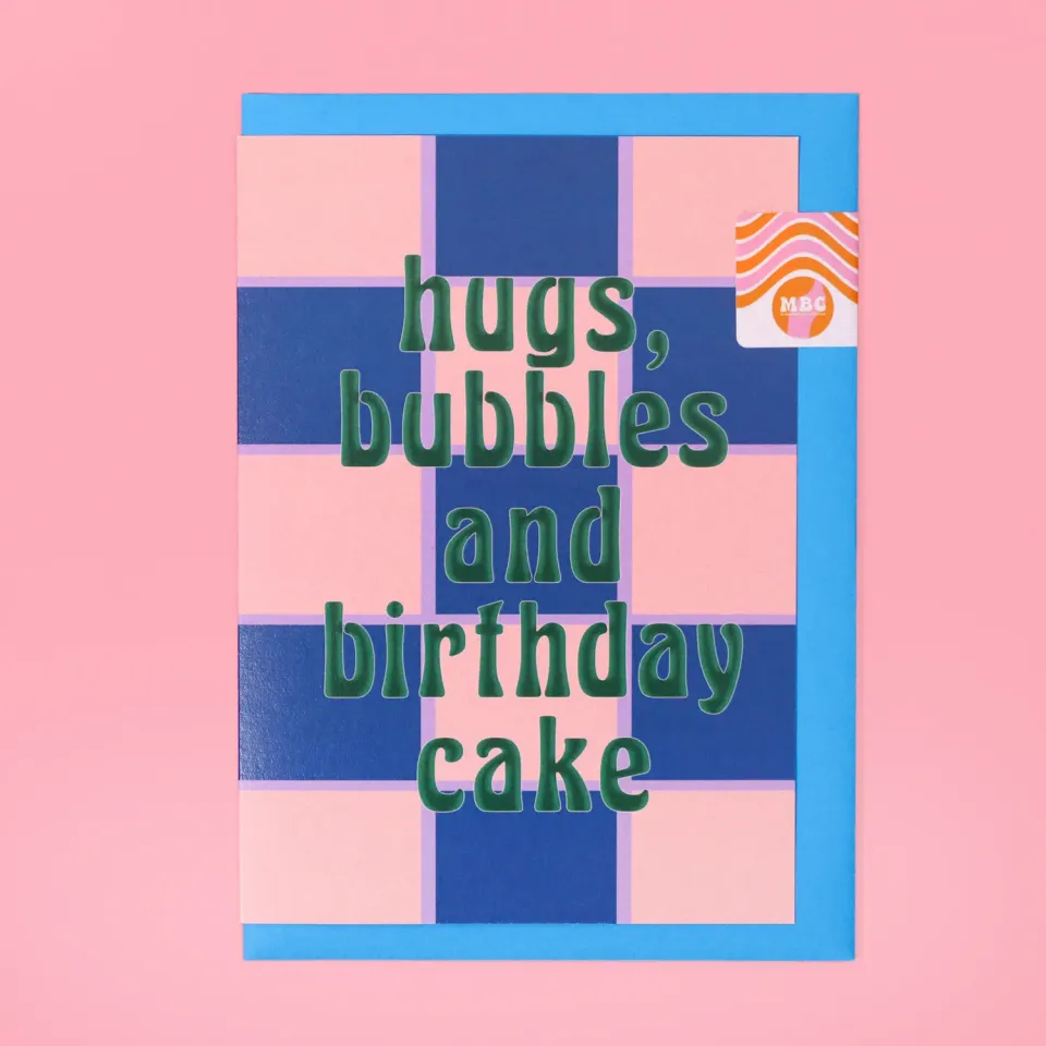 Maddison Ball Hugs Bubbles and Birthday Cake carte anniversaire A6