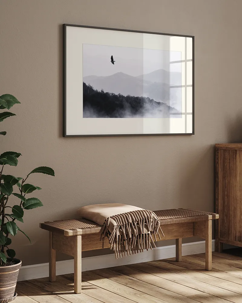 Any Image Bird Flying Over Misty Hills tableau 60X80 noir nature