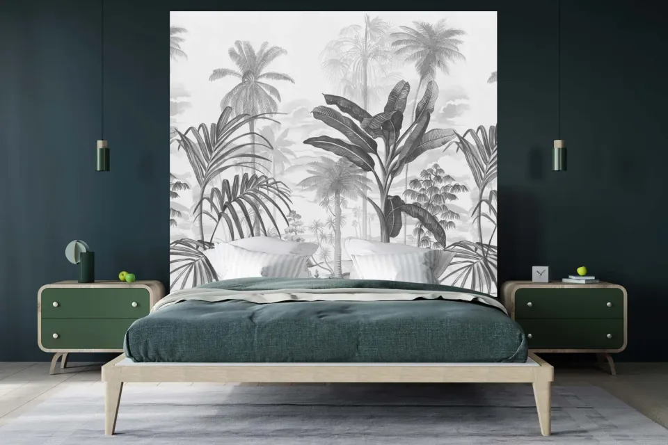 Mademoiselle Tiss Jardin Tropical N&B tête de lit tissu imprimé
