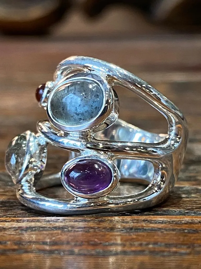 Galerie Kara bague argent pierres multiples tourmaline quartz grenat améthyste