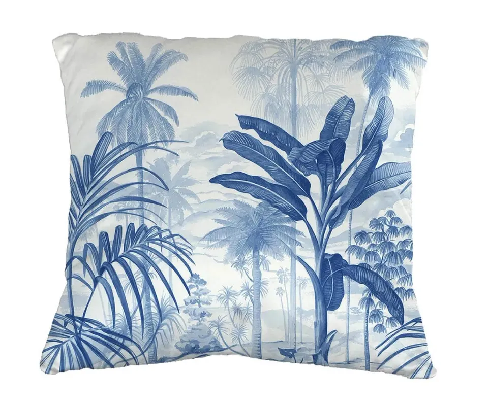 Mademoiselle Tiss Jardin Tropical Bleu coussin feuillage