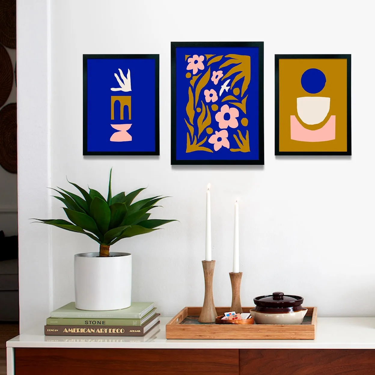 Society6 Equilibrium Set affiche encadrée trio bleu doré